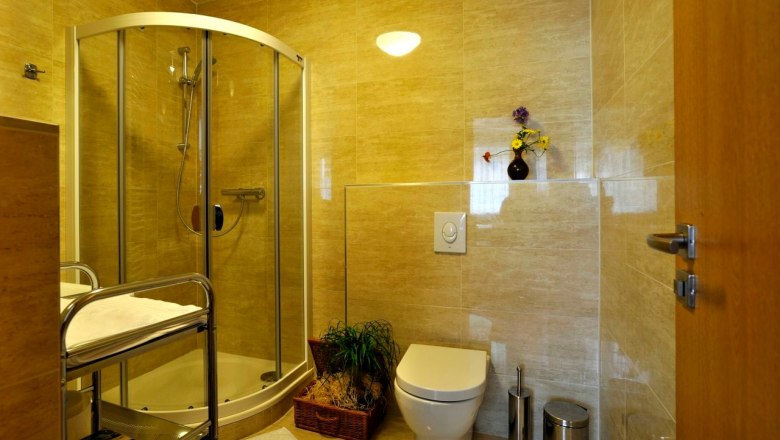 Ferienwohnungen Lobkowicz, © Ferienwohnungen Lobkowicz Modernes Badezimmer mit Dusche, WC und Pflanzen.