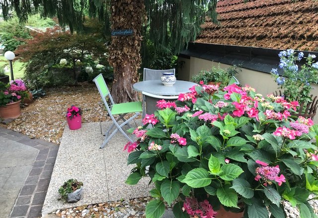 Sitzecke im Garten, © Gästehaus am Steindl Garten mit Tisch, Stühlen und blühenden Pflanzen.
