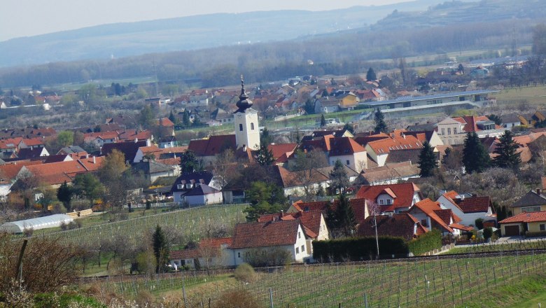 Rohrendorf, © Schmankerl & Gast Heiderer Blick auf Rohrendorf mit Kirche und Weinbergen im Vordergrund.