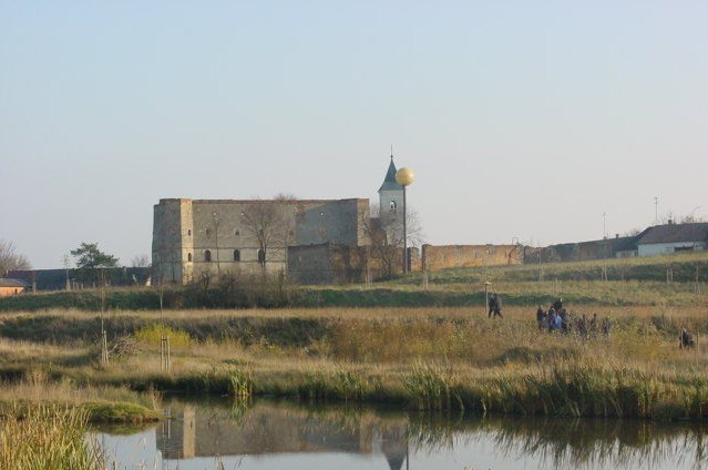 Schlossruine Wenzersdorf, © Gemeinde Gnadendorf Ruine eines Schlosses mit Turm und goldener Kugel, umgeben von Wiesen und einem Teich.