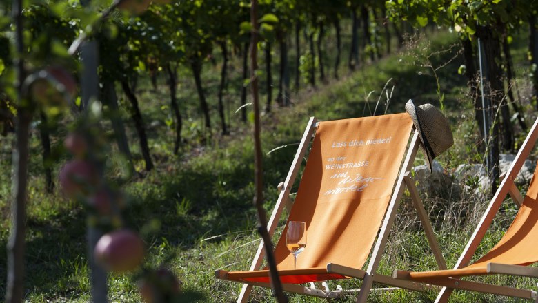 Im Weingarten relaxen, © Michael Himml Zwei Liegestühle in einem Weingarten, einer mit einem Strohhut und einem Glas Wein darauf.