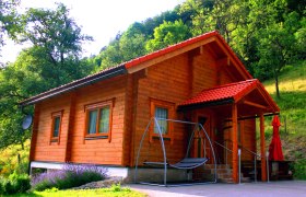 Ferienhaus Brandalm, © zVg Ein Holzferienhaus mit rotem Dach in einer grünen, bewaldeten Umgebung.