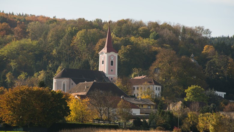Kirche Murstetten, © dphoto.at Kirche Murstetten in herbstlicher Landschaft mit Bäumen im Hintergrund.