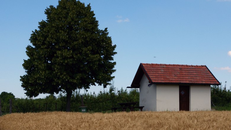 Viertlerhütte, © Gemeinde Prottes Kleine Hütte mit rotem Dach neben einem großen Baum auf einem Feld.