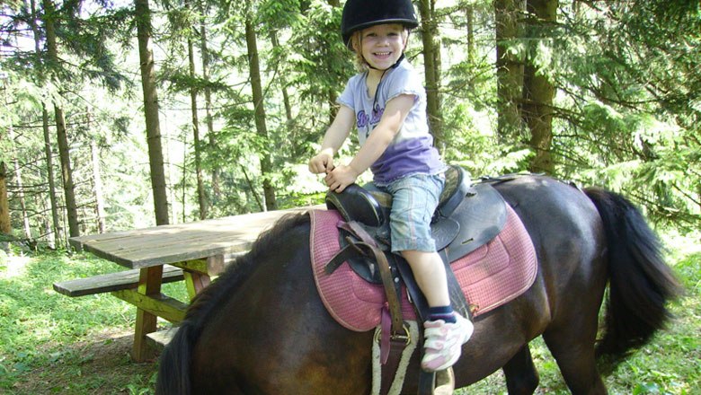 Mit dem Pony auf Erkundungstour gehen, © zVg. Zwergerlhof Mit dem Pony auf Erkundungstour gehen, © zVg. Zwergerlhof