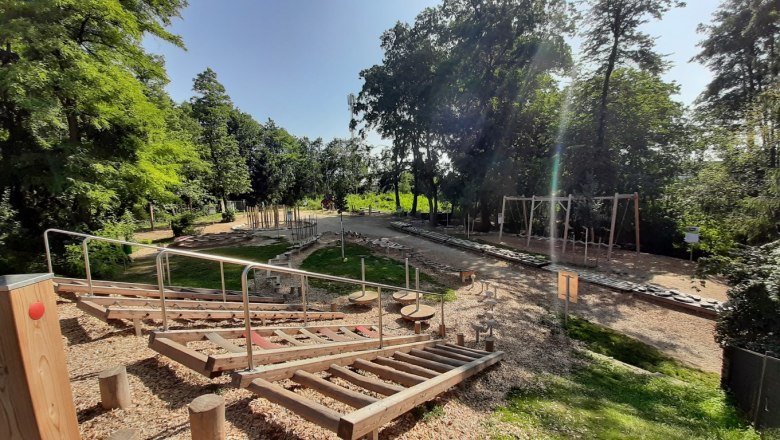 Motorikpark Hollabrunn, © Stadtgemeinde Hollabrunn Ein Motorikpark mit verschiedenen Holzelementen und Klettergeräten, umgeben von Bäumen und Grünflächen.