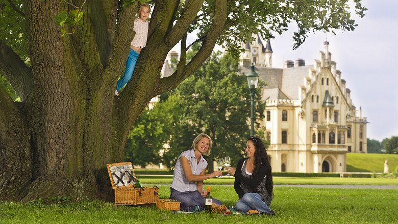 rn_grafenegg_005_klein-web-cniederoesterreich-werbung-rita-newman, © Niederösterreich-Werbung/Rita Newman Zwei Frauen beim Picknick unter einem Baum, ein Kind klettert im Baum. Im Hintergrund Schloss Grafenegg.