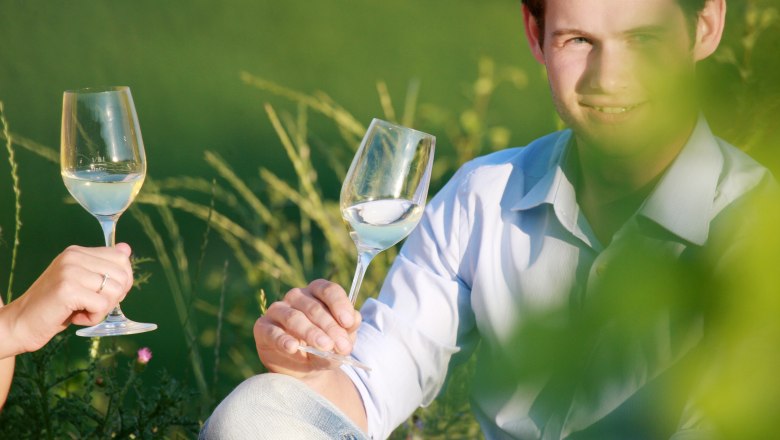 Traisental, © weinfranz.at Zwei Personen stoßen mit Weingläsern im Freien an.