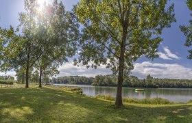 Badesee Weitenegg, © www.wirtshausgruber.at Panoramablick auf einen See mit Bäumen und einer Bank im Vordergrund, sonniger Himmel.