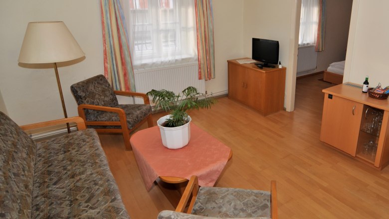 doppelzimmer1, © Einzinger GmbH Wohnzimmer mit Sofa, zwei Sesseln, Tisch mit Pflanze, Fernseher und Zugang zu einem Schlafzimmer.