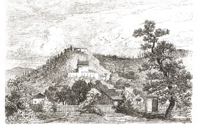 Historischer Stich: Pitten, © gemeinfrei Historischer Stich von Pitten mit Burg auf einem Hügel, umgeben von Bäumen und Gebäuden.