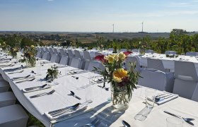 Tafeln im Weinviertel, © Weinviertel Tourismus GmbH Lange, festlich gedeckte Tische im Freien mit Blumenarrangements und Blick auf eine Landschaft mit Windrädern.