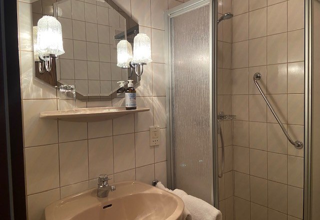 Badezimmer mit Dusche und WC, © Wiener Alpen Ein Badezimmer mit Waschbecken, Spiegel, Dusche und Handtuch.