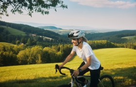 Haßbachtalroute, © Wiener Alpen, Philipp Schönauer Eine Person fährt mit einem Fahrrad durch eine hügelige Landschaft mit grünen Wiesen und Wäldern im Hintergrund.