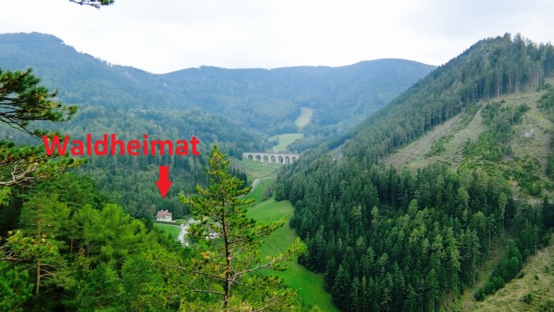 Standort, © Philip Ospelt Blick auf eine bewaldete Berglandschaft mit einem Viadukt und einem markierten Gebäude namens Waldheimat.