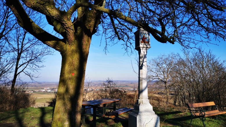 Heidbirnbaum: Zu Jeder Jahreszeit einen Spaziergang Wert, © Weinstraße Weinviertel Ein großer Baum neben einem steinernen Wegkreuz mit Bänken und einem weiten Ausblick auf die Landschaft.