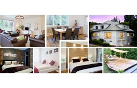 Überblick2, © 2015 Collage von Innen- und Außenansichten eines modernen Hauses mit Wohnzimmer, Esszimmer, Schlafzimmern und Terrasse.