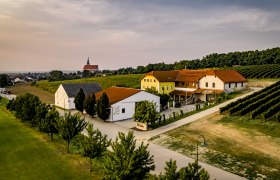 Weingut Neustifter, © Weingut Neustifter Luftaufnahme eines Weinguts mit Gebäuden und Weinbergen bei Sonnenuntergang.