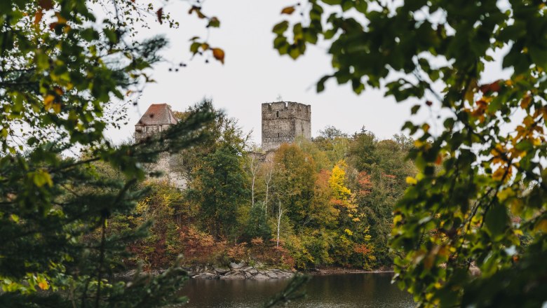 Stausee Ottenstein - Blick auf Ruine Lichtenfels, © Line Sulzbacher Blick auf die Ruine Lichtenfels am Stausee Ottenstein, umgeben von herbstlichen Bäumen.
