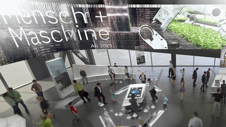 Haus der Digitalisierung, © Tamschick media & space Innenansicht eines modernen Ausstellungsraums mit Menschen und digitalen Displays.