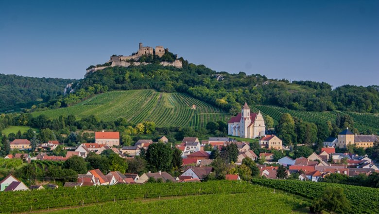 Weinort Falkenstein, © Clara J. Körner-Schreiber Panorama von Falkenstein mit Weinbergen, einer Kirche und einer Burgruine auf einem Hügel.