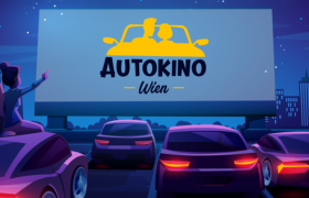 Autokino Wien, Groß-Enzersdorf, © Autokino Wien Illustration eines Autokinos in Wien bei Nacht mit Autos und einer großen Leinwand.