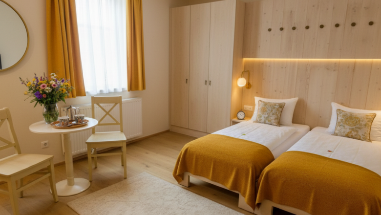 Doppelzimmer, © Austria-Best-Hotels Ein gemütliches Hotelzimmer mit zwei Einzelbetten, gelben Vorhängen und einem kleinen Tisch mit Blumen.