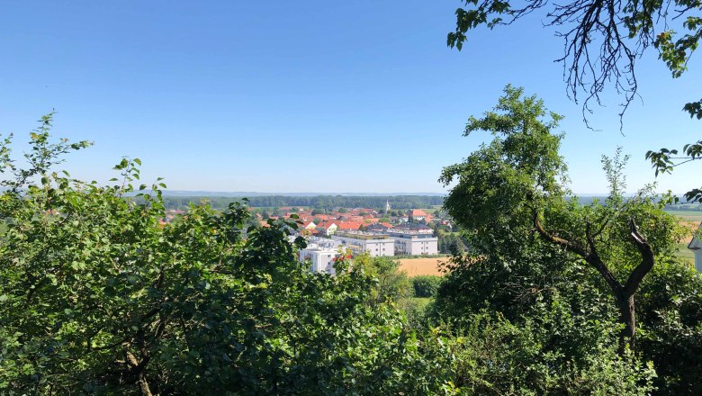 Weinbau Sandbichler, © Donau Niederösterreich Blick auf eine Stadt mit roten Dächern, umgeben von grünen Bäumen und blauem Himmel.