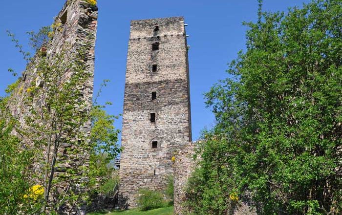 Schauenstein3, © Leopold Hollensteiner Ruine eines mittelalterlichen Turms mit umgebenden Bäumen und blauem Himmel.