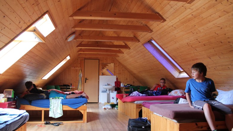 Haus Agnes 2, © Hannes Messmann Dachgeschosszimmer mit Holzwänden, mehreren Betten und Dachfenstern. Drei Personen sind im Raum, eine sitzt auf einem Bett.
