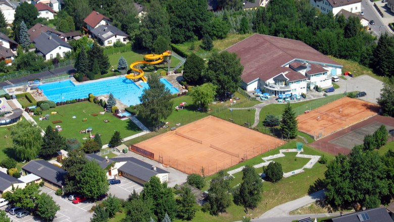Luftansicht Freibad Gaming, © Hans-Peter Schager Luftaufnahme eines Freibads mit Schwimmbecken, Rutsche und Tennisplätzen in einer Wohngegend.
