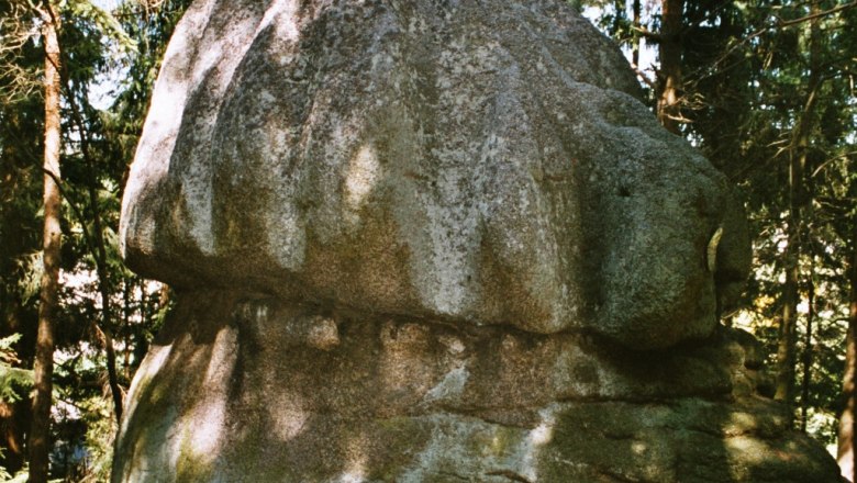 Hutstein, © Gemeinde Haugschlag Ein großer, runder Felsen im Wald, umgeben von Bäumen.