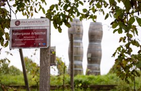 Wanderschild der VIA.VINUM., © Donau Niederösterreich/Barbara Elser Grüner Weingarten und ein Wanderschild mit der Aufschrift "Kellergasse Arbesthal".