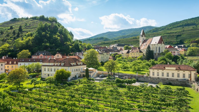 Gemeindegebiet Spitz, © www.extremfotos.com Landschaft mit Weinbergen, Kirche und Häusern in Spitz, Österreich.