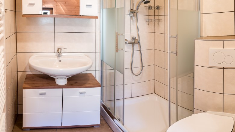 Wohnung "Panorama" Badezimmer, © Familie Morgenbesser Modernes Badezimmer mit Dusche, Waschbecken, WC und blauer Badematte.