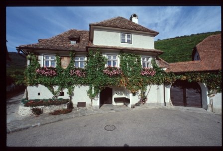 Weingut Hirtzberger, © Weingut Hirtzberger Franz Traditionelles Gebäude mit Weinreben und Blumen geschmückt.