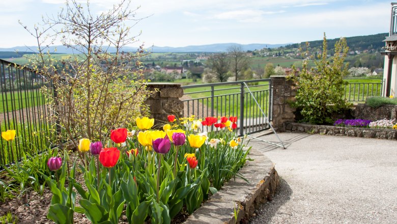 Garten, © Fam. Sulzbacher Ein Garten mit bunten Tulpen und Blick auf eine ländliche Landschaft.