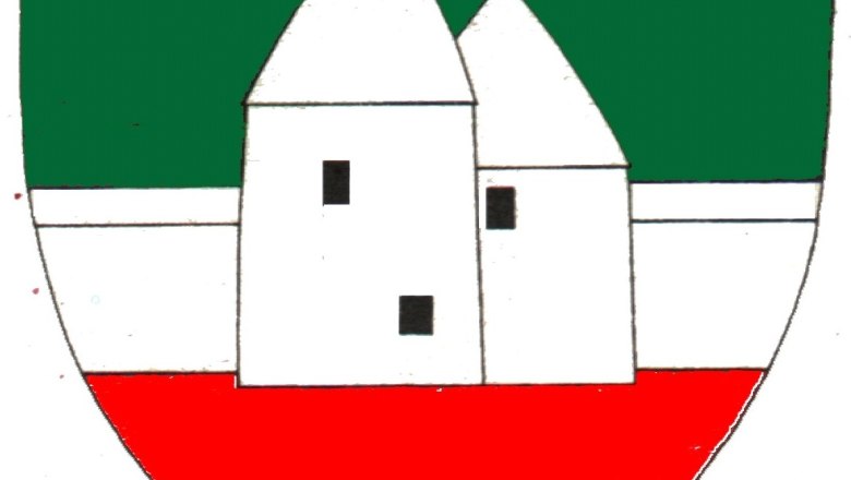 Wappen Pottenstein, © Pottenstein Wappen von Pottenstein mit grünem Hintergrund, weißem Gebäude und rotem Untergrund.