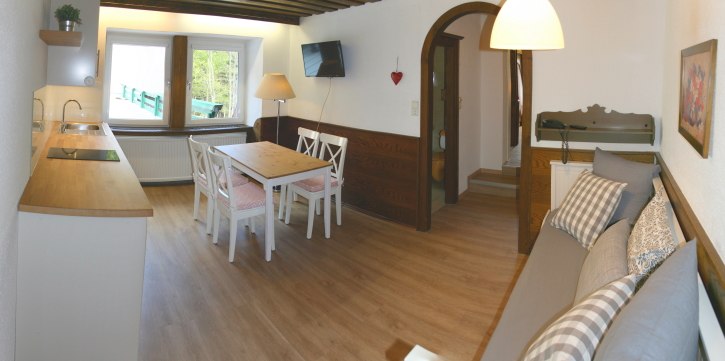 Apartment 4, © Marianne Gschaider Gemütliches Wohnzimmer mit Holzboden, Esstisch, Sofa und Küchenzeile.