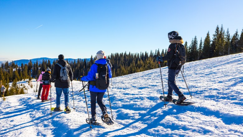 Schneeschuhwandern Rax, © KS Content & Marketing Gruppe von Menschen beim Schneeschuhwandern auf einem verschneiten Hang mit Wald im Hintergrund.