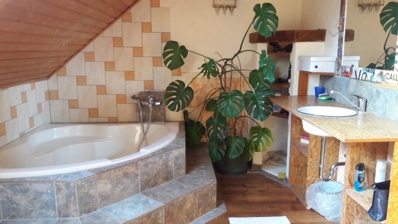 Badezimmer im Hause Paul Seel, © Paul Seel Badezimmer mit Eckbadewanne, Waschbecken und großer Pflanze.