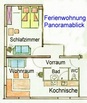 FW "Panoramablick", © Blumentalhof Grundriss einer Ferienwohnung mit Schlafzimmer, Wohnraum, Vorraum, Bad, WC und Kochnische.