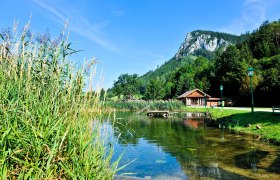 Sommer im Naturpark Falkenstein, Schwarzau im Gebirge, © Naturparke Niederösterreich/Robert Herbst Die sanften Wellen des Wassers spiegeln die üppige Natur wider, während die majestätischen Berge im Hintergrund eine beeindruckende Kulisse bieten. Hier, wo die Ruhe der Natur auf die Schönheit des Sommers trifft, lädt die Umgebung zum Entspannen und Erkunden ein.