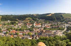 Blick vom Feuerturm auf Kirchschlag, © Wiener Alpen, Franz Zwickl Panoramablick auf Kirchschlag in der Buckligen Welt, umgeben von Hügeln und Wäldern.