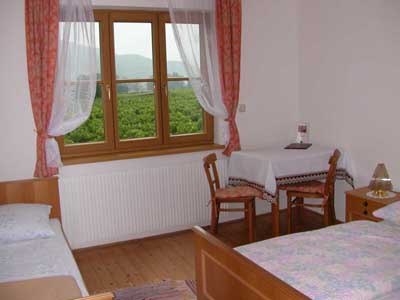 Zimmer, © Emmerich Granner Ein einfach eingerichtetes Zimmer mit zwei Betten, einem Tisch mit zwei Stühlen und einem Fenster mit Blick auf grüne Landschaft.