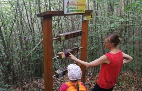 Millas Zauberweg in Albrechtsberg an der Großen Krems, © Roman Zöchlinger Zwei Personen an einer Station im Wald mit Wortwürfeln auf Millas Zauberweg.