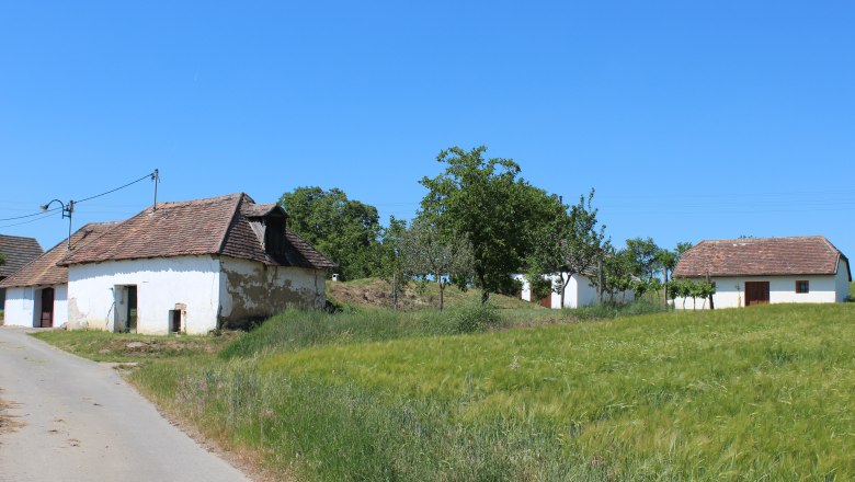 Roseldorfer Kellergasse, © Weinviertel Tourismus Ländliche Szene mit alten Gebäuden und grünen Feldern unter blauem Himmel.