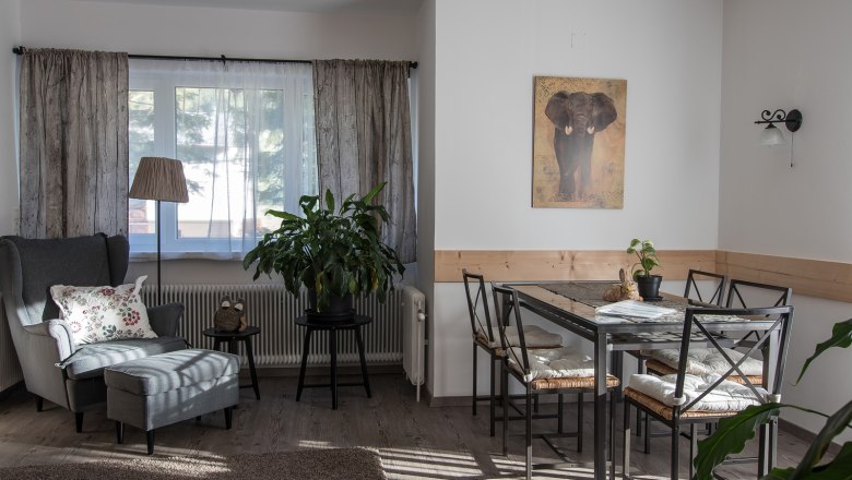 Ferienwohnung, © A. Dirnbauer Gemütliches Wohnzimmer mit Sessel, Tisch und Pflanzen.