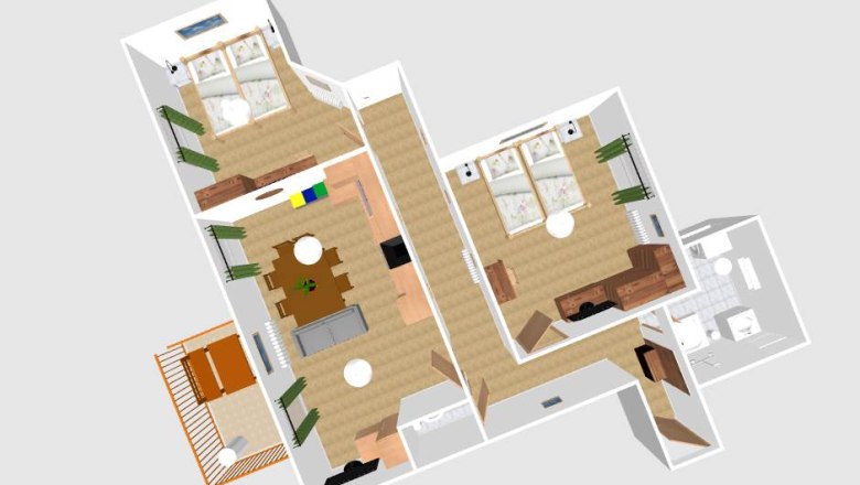 3d Plan Fewo 4, © Gruber Claudia 3D-Grundriss einer Ferienwohnung mit zwei Schlafzimmern, Wohnzimmer, Küche und Balkon.