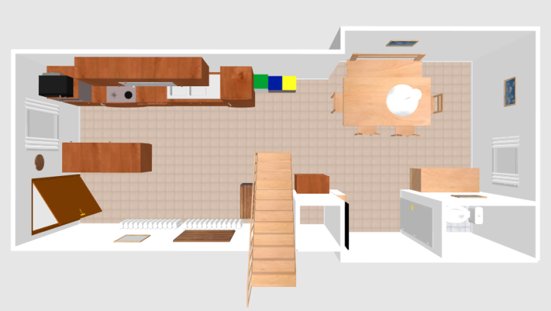 3d Plan Fewo 6 Etage 0, © Gruber Claudia 3D-Grundriss einer Wohnung mit Küche, Esstisch, Treppe und Badezimmer.